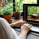 **

"A person working comfortably at a dedicated home workspace, balancing a laptop with a view of a relaxing garden. Focus on ergonomic setup and clear separation between work and personal life. Soft, natural lighting. Style: Realistic, cozy, inviting."

**
